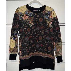 JOHNNY WAS XXS Floral Hi Low Sweatshirt Boho Mixed Print Tunic Black Romantic